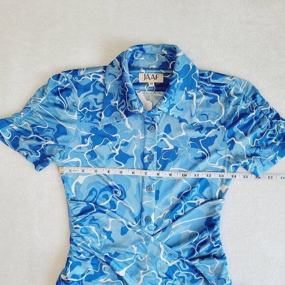 Stretchy Jersey Shirt Midi Dress - Ruched Bodycon Pool Water Print Summer Beach - Picture 9 of 15